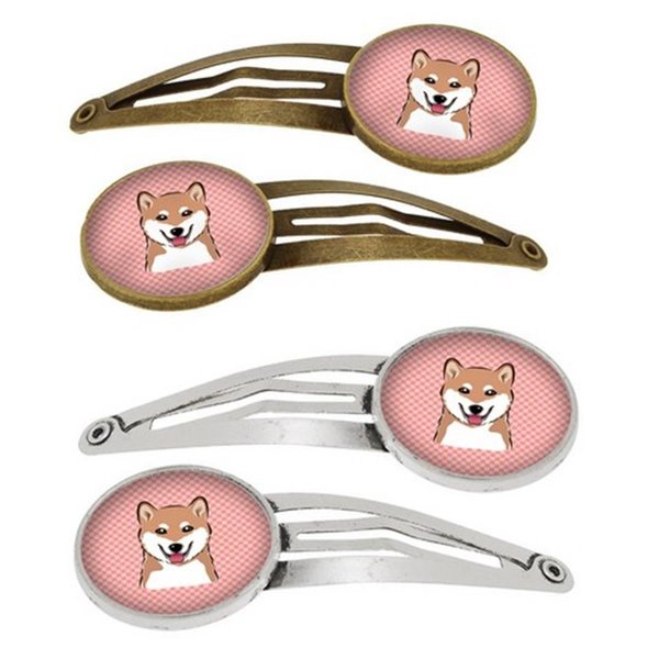 Carolines Treasures Checkerboard Pink Shiba Inu Barrettes Hair Clips, Set of 4, 4PK BB1225HCS4